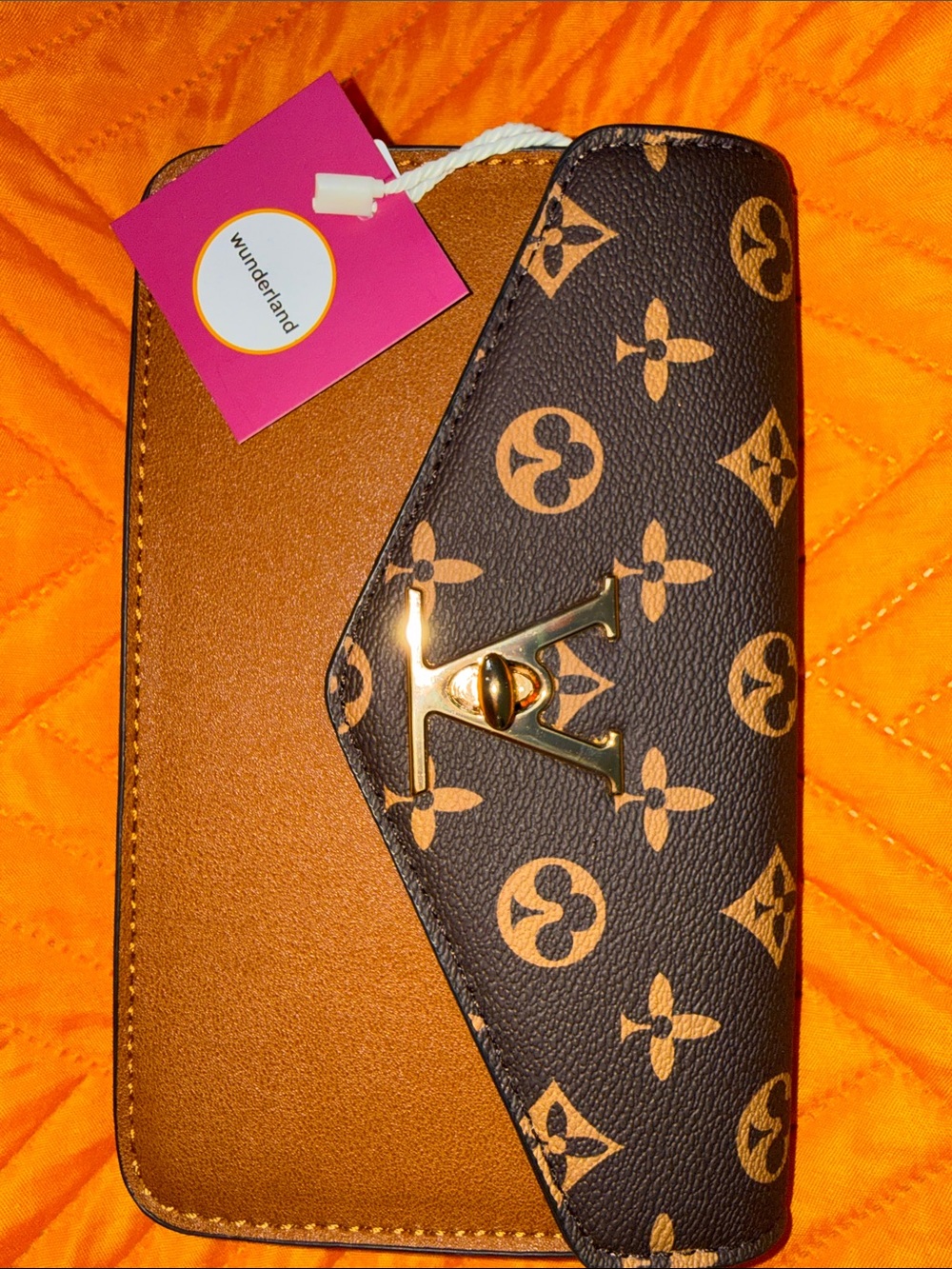 Monogram-Style Flap Wallet in Brown and Tan